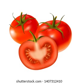 Fresh tomatoes composition set on white background. Two whole red tomatoes with sliced half. Realistic 3d isolated vector illustration