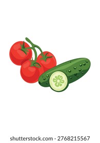 fresh tomatoes with cucumber slices close up macro detail on clean white background