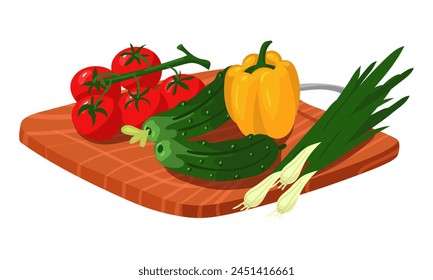 Fresh tomatoes, cucumbers, peppers, and onions are laid out on a wooden cutting board. Juicy different vegetables. Fresh vitamins on the cutting tray. For cooking blogs, recipe cards. Vector