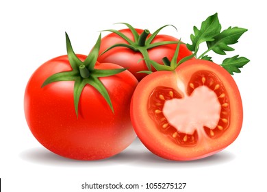 Fresh tomatoes elements, whole and a half isolated on white background