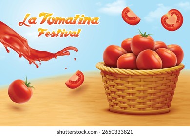 Fresh Tomatoes Filled in Wicker Basket Laying on Sunny Beach. La Tomatina Festival Celebration Theme Banner.