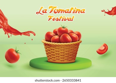 Tomates frescos preenchidos em cesta de vime no fundo de cor ganância de pódio. Banner do tema de celebração do Festival La Tomatina.