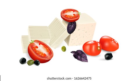 Fresh tomatoes with goat cheese and olives and Basil leaves for healthy eating in vector design.