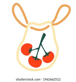 Fresh tomatoes in grocery net bag. Modern shopper with fresh organic toatoes from local market. No plastic bag pollution concept. Go green, no plastic. Cartoon flat style. Vector illustration.