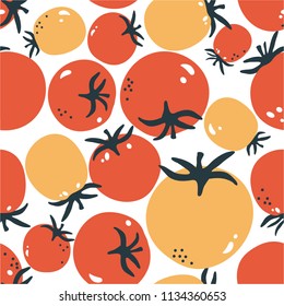 Fresh tomatoes, hand drawn seamless pattern. Overlapping background, vegetables vector. Colorful illustration with food. Decorative wallpaper, good for printing. Design backdrop, tomato