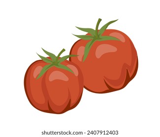 Fresh tomatoes for ketchup or vegetable packs, flat hand drawn vector illustration isolated on white. Label or sticker element for tomato flavored food.