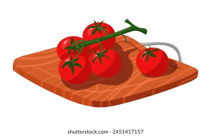 Fresh tomatoes are laid out on a branch on a wooden cutting board. Juicy red round vegetables. Fresh vitamins on the cutting tray. For cooking blogs, recipe cards. Vector illustration