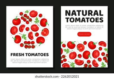 Frische Tomaten mobile App und Kartenvorlagen Set. Web-Banner, Karte, Flyer, Einladungskarikatur, Vektorgrafik von natürlichen reife Tomaten