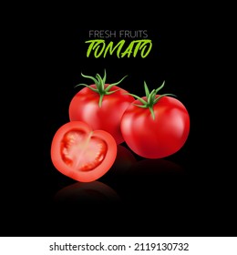 Fresh tomatoes on black background with reflections for illustration.