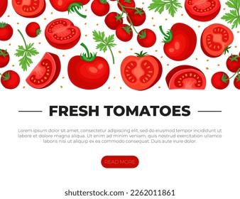 Fresh tomatoes web banner. Ripe organic vegetables. Farmers market, organic food, natural products landing page, website cartoon vector