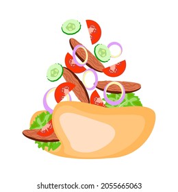 Fresh tortilla with tomato, meat, onion, cucumber and salad on a bun with sesame seeds. Traditional mexican fast food isolated on a white background. Flat Art Vector Illustration