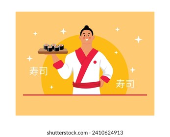 Fresh traditional Japanese sushi food, with a male chef in uniform and a Japanese flag. Character design. Vector flat illustration