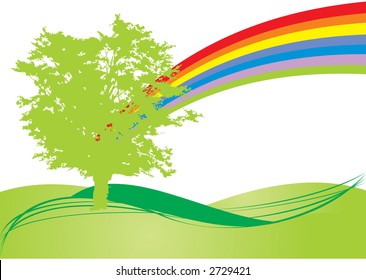 Fresh tree in spring colors with rainbow illustration