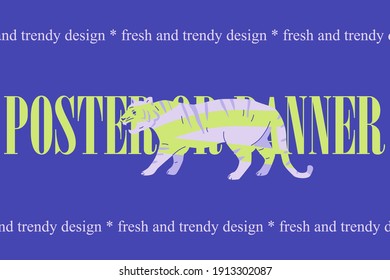 Fresh And Trendy banner design with cartoon tiger, big green letters over bright blue background. Contemporary vector template. Web or poster design.