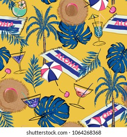 Fresh and trendy Beautiful Summer vacation holiday colorful and bright color icons in hand drawn style for fashion fabric and all print seamless pattern vector on vivild yellow background