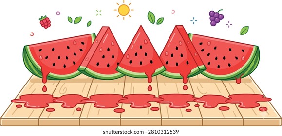 Fresh triangular slices of watermelon on a wooden board