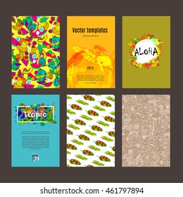 Fresh tropic set. Hand drawn frame, doodle illustration. Tropic fruits and palm sheets. 6 vector template for cards, notes and banners.