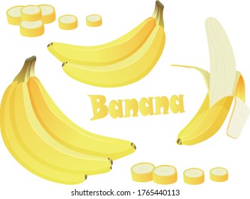 Fresh tropical banana. Set of summer food fruit elements for your design, healthy vegan food and healthy diet. vector drawing.