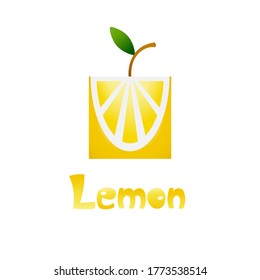 Fresh tropical citrus fruit in a flat stylized with a gradient. Hand draw lettering Lemon. Lemon for making fresh drinks. Geometric square cutaway fruits on a white background.