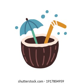 Fresh tropical cocktail in coconut half. Refreshing beach drink decorated with umbrella and straw. Colored flat vector illustration isolated on white background.