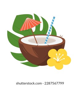Fresh tropical cocktail in coconut half. Refreshing beach fruit drink with decorated staw and umbrella. Exotic paradise juice. Flat vector illustration isolated on white background svg