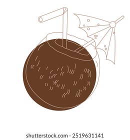 Fresh tropical cocktail in coconut. Refreshing beach drink decorated with umbrella and straw. Colored vector illustration isolated on white background