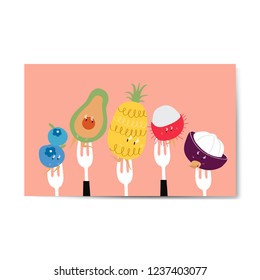 Fresh tropical fruit cartoons on forks vector