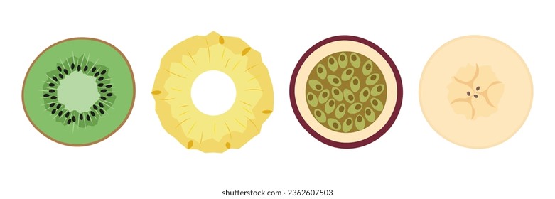 Fresh tropical fruit set. Pineapple, kiwi, banana, passion fruit isolated on white background.