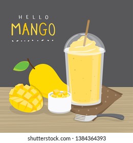Fresh tropical fruit smoothie mango juice in the glass with mango slice vector.