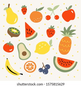 Fresh tropical fruit vector illustration with lemon, pineapple, watermelon, banana, apple, strawberry, cherry, grape, avacado, kiwi, tomato, orange and pear. Organic vegetarian food hand drawn doodle.