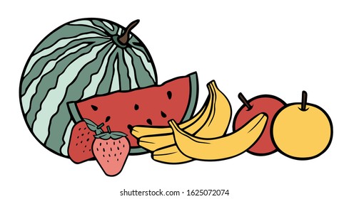 Fresh tropical fruit vector illustration with - watermelon, banana, apple and strawberry. Organic vegetarian food hand drawn doodle.
 