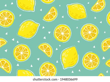 Fresh, tropical fruits, citrus, lemon. Seamless fruit background for banners, printing on fabric, labels, printing on T-shirts. Children's drawing in cartoon style on a blue, turquoise background-01