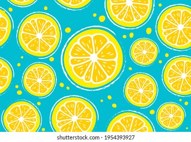 Fresh, tropical fruits, citrus, lemon. Seamless fruit background for banners, printing on fabric, labels, printing on T-shirts. Children's drawing in cartoon style on a blue, turquoise background-02