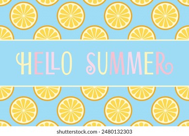 Fresh, tropical fruits, citrus, lemon. Seamless fruit background for banners, printing on fabric, labels, printing on T-shirts. Children's drawing in cartoon style on a blue background.