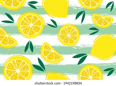 Fresh, tropical fruits, lemon, leaves. Seamless fruit background for banners, print for fabric, labels, t-shirt printing. Children's drawing, cartoon style on a striped background