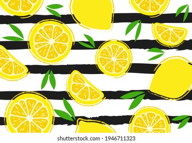 Fresh, tropical fruits, lemon with leaves. Fruit background for banners, printing on fabric, labels, printing on T-shirts. Children's drawing in a cartoon style on a striped black and white background