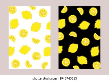 Fresh, tropical fruits, lemon. Seamless fruit background for banners, printing on fabric, labels, printing on T-shirts. Children's drawing in cartoon style on a white and black background-01