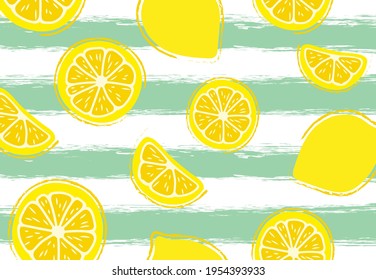 Fresh, tropical fruits, lemon. Seamless fruit background for banners, print for fabric, labels, t-shirt printing. Children's drawing, cartoon style on a striped background-02