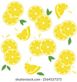 Fresh tropical fruits, lemon. Seamless fruit background for fabric and printing. Children's drawing, cartoon style on a striped background