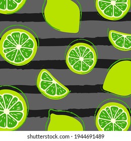 Fresh, tropical fruits, lime. Seamless fruit background for banners, print for fabric, labels, t-shirt printing. Children's drawing, cartoon style on a striped background