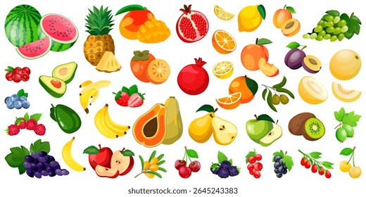 Fresh tropical fruits set. Vector berries illustration. Healthy vegan food, farming and harvest design elements. Apple, banana, orange, strawberry, blueberry, raspberry icons