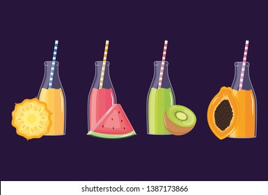 fresh and tropical juices fruits in botttles with straws