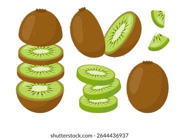 Fresh tropical Kiwi fruit icons set. Whole kiwi, cut kiwi, slices and pieces. Organic fruits for juice, smoothie or vitamin healthy food. Vector icon illustration isolated on white background.