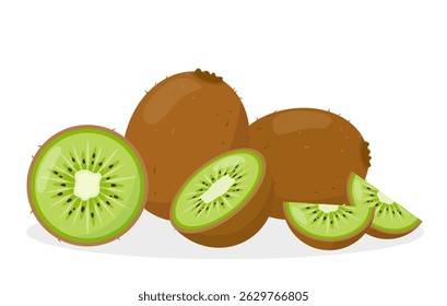 Fresh tropical Kiwi fruits. Whole kiwi, half and pieces. Organic fruit for juice, smoothie or vitamin healthy food. Vector icon illustration isolated on white background.