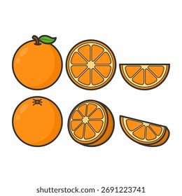 Vector de naranja tropical fresco. Naranjas dulces en varios cortes. Perfecto para el verano, fruta saludable y frescura.