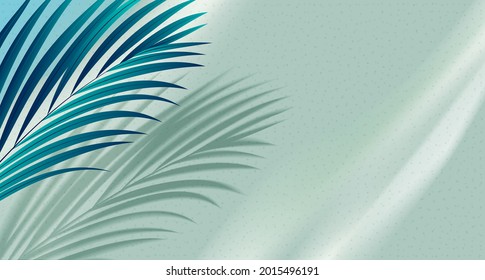 Fresh tropical palm leaf on a green background with shadow blur. Stylish backdrop palm leave for presentation, print layout, web banners. Vector illustration