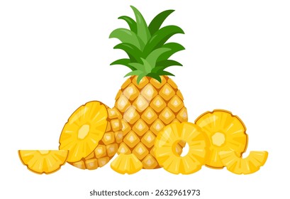 Fresh tropical pineapples, parts and pieces. Organic Pineapple fruit for juice, smoothie or vitamin healthy food and dessert. Vector icon illustration isolated on white background.