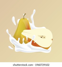 Fresh tropical whole and half sliced pear and splash of white liquid cartoon illustration isolated on yellow background. Natural cosmetic, yogurt or fruit and milk cocktail vector concept.