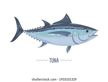 Fresh tuna fish isolated on white background. Vector illustration, cartoon, icon, emblem, simbol, logo, sticker for poster, menu, label, packaging