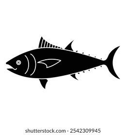 Pescado de atún fresco aislado sobre fondo blanco. Ilustración vectorial, historieta, icono, emblema, símbolo, logotipo, etiqueta engomada para el cartel, menú, etiqueta, embalaje